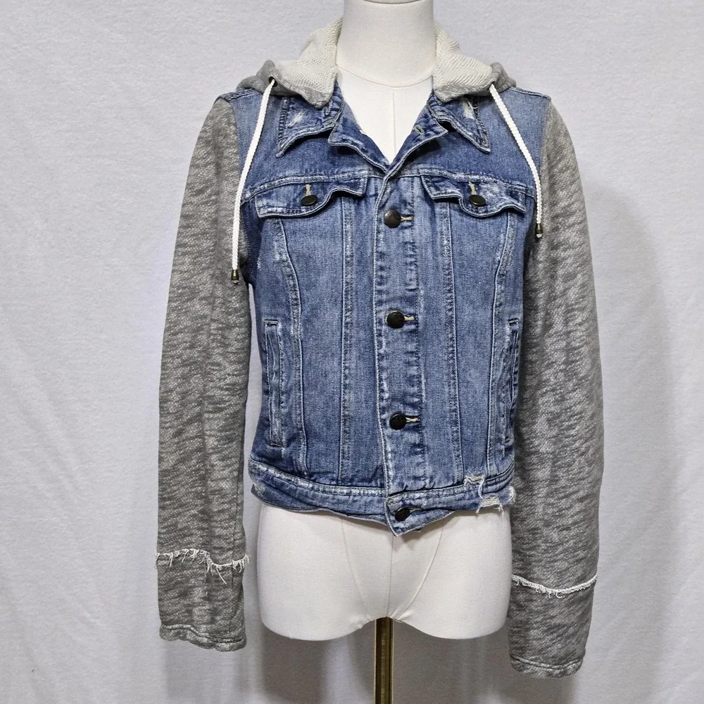 Free People‎ Jacket Womens Small Blue Gray Denim Fleece Hoodie Distressed Casual - Picture 2 of 16